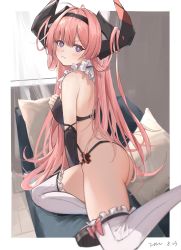 Rule 34 | 1girl, absurdres, ahoge, antenna hair, ass, azur lane, blush, couch, cross, elbow gloves, embarrassed, from behind, gloves, hair on horn, hairband, highres, horns, huge horns, iron cross, long hair, long horns, on couch, pillow, pink eyes, pink hair, prinz rupprecht (azur lane), thighhighs, underwear, underwear only, user naruik00314, wavy mouth, white thighhighs
