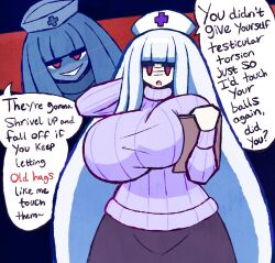 Rule 34 | 1girl, big hair, breast press, breasts, clipboard, colored skin, english text, evil smile, female focus, gensin, grin, half-closed eyes, hat, highres, holding, holding clipboard, huge breasts, long hair, looking at viewer, nurse cap, red eyes, smile, solo, speech bubble, sweater, taut clothes, turtleneck, turtleneck sweater, very long hair, white hair, white skin, wide hips