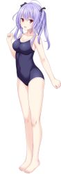 Rule 34 | 1girl, absurdres, ahoge, barefoot, blue one-piece swimsuit, blush, breasts, cleavage, covered navel, feet, female focus, full body, game cg, groin, hand up, highres, legs, looking at viewer, medium breasts, nekonyan, one-piece swimsuit, open mouth, original, purple hair, red eyes, smile, solo, standing, swimsuit, thighs, toes, tonari ni kanojo no iru shiawase ~summer surprise~, transparent background, twintails, uryuu koume