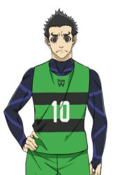 Rule 34 | 1boy, angry, black hair, blue lock, blue shirt, brown eyes, green shirt, green shorts, looking at viewer, lowres, male focus, shirt, shorts, simple background, soccer uniform, solo, sportswear, transparent background, wanima junichi