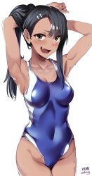 Rule 34 | 1girl, absurdres, alternate hairstyle, armpits, arms behind head, artist name, black hair, breasts, cleavage, competition swimsuit, dark-skinned female, dark skin, head cha la, highleg, highleg swimsuit, highres, ijiranaide nagatoro-san, large breasts, legs, long hair, looking at viewer, nagatoro hayase, one-piece swimsuit, ponytail, smile, sweat, swimsuit, thighs