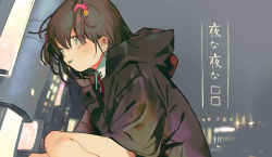 Rule 34 | 1girl, bare legs, black hair, black jacket, building, city, city lights, collar, commentary, dobunomeme, ear piercing, from side, green eyes, grey sky, hair ornament, highres, hood, hood down, hooded jacket, hoodie, jacket, long sleeves, looking away, medium hair, necktie, original, outdoors, parted lips, piercing, red necktie, short hair, sky, solo, squatting, translation request, two side up, white collar