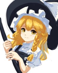 Rule 34 | 1girl, black hat, black vest, blonde hair, bow, broom, closed mouth, commentary request, cropped torso, frilled hat, frills, hat, hat bow, highres, holding, holding broom, kirisame marisa, plus2sf, puffy short sleeves, puffy sleeves, shirt, short sleeves, simple background, smile, solo, touhou, turtleneck, vest, white background, white shirt, witch hat, yellow eyes