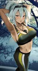 Rule 34 | 1girl, absurdres, adjusting hair, alternate costume, alternate hairstyle, armpits, arms up, between breasts, black sports bra, blurry, blurry background, blush, breasts, cleavage, commentary request, cowboy shot, dark-skinned female, dark skin, eyewear on head, grey hair, hair between eyes, highres, kantai collection, large breasts, leggings, long hair, midriff, musashi (kancolle), navel, open mouth, outdoors, ponytail, red eyes, solo, sports bra, stopwatch, stopwatch around neck, sunglasses, sweat, watch, yunamaro