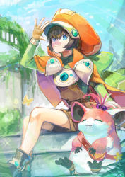 Rule 34 | 1girl, blouse, blue eyes, blue sky, boots, brown footwear, brown gloves, brown hair, bug, butterfly, cape, chu chu (xenogears), closed mouth, creature, fingerless gloves, gloves, green shirt, hair between eyes, hat, insect, long sleeves, marguerite fatima, orange cape, orange hat, outdoors, shirt, sitting, sky, smile, sparkle, tierra818, xenogears