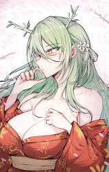 Rule 34 | 1girl, alternate costume, antlers, bare shoulders, blush, breasts, ceres fauna, cleavage, closed mouth, commentary, english commentary, flower, green hair, hair flower, hair ornament, hand on own chest, highres, hololive, hololive english, horns, japanese clothes, kimono, large breasts, long hair, looking afar, looking ahead, looking at viewer, looking to the side, obi, off shoulder, print kimono, red kimono, sagging breasts, sak1 01, sash, solo, virtual youtuber, yellow eyes