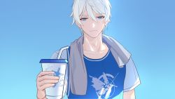 Rule 34 | 1boy, blue eyes, closed mouth, collarbone, gradient background, highres, honkai (series), honkai impact 3rd, kevin kaslana, looking at another, looking at viewer, male focus, manboygxg, simple background, smile, solo, white hair
