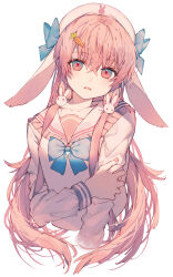 Rule 34 | 1girl, absurdres, animal ears, blue bow, blue bowtie, bow, bowtie, carrot hair ornament, commentary, cropped torso, deep (deep4946), food-themed hair ornament, hair ornament, hand on own arm, highres, long hair, long sleeves, original, parted lips, pink eyes, pink hair, pink headwear, pink sailor collar, pink shirt, rabbit ears, rabbit hair ornament, sailor collar, school uniform, serafuku, shirt, simple background, solo, upper body, white background