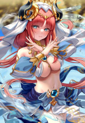 Rule 34 | 1girl, absurdres, aqua eyes, bare shoulders, blue skirt, blurry, blurry background, blush, breasts, brooch, circlet, closed mouth, cowboy shot, crop top, crossed wrists, dancer, detached sleeves, floating hair, genshin impact, harem outfit, highres, horns, jewelry, long hair, long sleeves, looking at viewer, medium breasts, navel, neck ring, nilou (genshin impact), parted bangs, piukute062, puffy long sleeves, puffy sleeves, red hair, revealing clothes, signature, skirt, smile, solo, stomach, vambraces, veil, vision (genshin impact), x arms