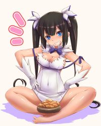 Rule 34 | 10s, 1girl, barefoot, black hair, blue eyes, breasts, cleavage, clenched teeth, covered navel, croquette, dungeon ni deai wo motomeru no wa machigatteiru darou ka, food, gloves, hash browns, hestia (danmachi), highres, indian style, large breasts, long hair, potato, rei no himo, sitting, smile, solo, teeth, tsukigami chronica, twintails, white gloves