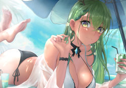 Rule 34 | 1girl, absurdres, antlers, bad id, bad pixiv id, barefoot, beach umbrella, bikini, blue sky, branch, breasts, ceres fauna, closed mouth, cloud, cup, day, drinking glass, drinking straw, earrings, feet, feet up, flower, green hair, hair flower, hair ornament, hand up, highres, holding, holding cup, hololive, hololive english, horns, jewelry, large breasts, leaf, long hair, looking at viewer, lying, mismatched bikini, mole, mole under eye, nibiiro (deep 4242), on stomach, outdoors, side-tie bikini bottom, sky, smile, solo, swimsuit, the pose, umbrella, virtual youtuber, yellow eyes