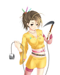 Rule 34 | 1girl, asymmetrical sleeves, belt, black belt, breasts, brown hair, chain, cleavage, closed mouth, commentary request, detached sleeves, feet out of frame, flower, grey eyes, hair flower, hair ornament, holding, holding weapon, kuruwa, light blush, long sleeves, looking at viewer, medium breasts, medium hair, midriff, navel, ninja, pink belt, pink thighhighs, red flower, shin (highest1192), simple background, single detached sleeve, single thighhigh, skirt, smile, solo, standing, stomach, thighhighs, toaru majutsu no index, weapon, weapon request, white background, yellow skirt