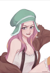 Rule 34 | 1girl, cocoyashin, commentary, english commentary, hat, highres, jewelry bonney, long hair, looking to the side, one piece, pink hair, shirt, simple background, solo, suspenders, thighhighs, upper body, white background, white shirt