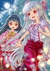 Rule 34 | 2girls, ama-tou, bamboo, bamboo forest, black eyes, black hair, blush, bow, dress shirt, female focus, forest, fujiwara no mokou, full moon, hair bow, hair ribbon, hime cut, holding another&#039;s wrist, houraisan kaguya, light particles, long hair, moon, multiple girls, nature, night, pants, puffy short sleeves, puffy sleeves, red eyes, ribbon, running, shirt, short sleeves, smile, suspenders, touhou, very long hair, white hair, wide sleeves