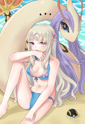 Rule 34 | 1girl, absurdres, alternate color, bikini, blonde hair, blue bikini, chinese commentary, civia, creatures (company), crossover, game freak, gen 3 pokemon, heluo official, highres, hololive, hololive china, horns, licking self, long hair, looking at viewer, milotic, navel, nintendo, poke ball, pokemon, pokemon (creature), purple eyes, shiny pokemon, single horn, sitting, swimsuit, ultra ball, virtual youtuber