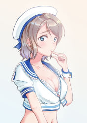 Rule 34 | 1girl, absurdres, alternate costume, blue eyes, blue ribbon, blue sailor collar, bra, breasts, cleavage, closed mouth, collar, collarbone, collared shirt, crop top, earrings, finger to mouth, frilled collar, frills, grey background, hat, hat ribbon, highres, jewelry, looking at viewer, love live!, love live! sunshine!!, medium breasts, midriff, navel, ribbon, sailor collar, sailor shirt, shirt, short hair, short sleeves, silver hair, simple background, solo, stomach, swept bangs, toine, underwear, upper body, watanabe you, white bra, white hat, white shirt, wrist cuffs