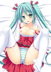 Rule 34 | 1girl, aqua hair, blush, breasts, breasts out, green eyes, hair ribbon, hatsune miku, japanese clothes, long hair, lying, miko, nipples, on back, open mouth, panties, ribbon, skywaker, solo, striped clothes, striped panties, thighhighs, twintails, underwear, very long hair, vocaloid