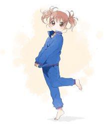 Rule 34 | 1girl, barefoot, brown eyes, brown hair, face, feet, full body, gym uniform, jacket, leg up, looking at viewer, namori, original, pants, shirt tug, short twintails, solo, standing, standing on one leg, tareme, tiptoes, track jacket, track pants, track suit, twintails