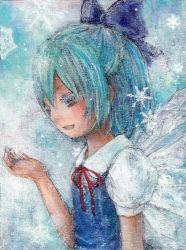 Rule 34 | blouse, cirno, close-up, collared shirt, dress, embodiment of scarlet devil, from side, ice, pinafore dress, sawada moco, shirt, sleeveless, sleeveless dress, snowflakes, solo, touhou, traditional media, white shirt, wings