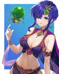Rule 34 | 1girl, absurdres, bare shoulders, blue background, blue hair, border, breasts, cape, cleavage, commentary, cowboy shot, crystal ball, fire emblem, fire emblem: the blazing blade, fire emblem heroes, floating, floating object, gold trim, highres, jurge, large breasts, midriff, navel, nintendo, official alternate costume, pelvic curtain, purple eyes, see-through, simple background, smile, solo, ursula (fire emblem), ursula (khadein) (fire emblem), white border