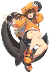 Rule 34 | 1girl, anchor, asutora, bike shorts, black gloves, black shorts, brown eyes, brown hair, fingerless gloves, full body, gloves, guilty gear, guilty gear strive, jacket, long hair, long sleeves, looking at viewer, may (guilty gear), open mouth, orange footwear, orange headwear, orange jacket, shoes, shorts, simple background, solo, white background