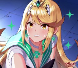 Rule 34 | 1girl, absurdres, alternate costume, bishoujo senshi sailor moon, blonde hair, blush, breasts, chest jewel, choker, cleavage, collarbone, cosplay, derivative work, earrings, from above, gem, green sailor collar, grimace, highres, jewelry, large breasts, long hair, meme, mythra (xenoblade), sailor collar, sailor moon, sailor moon (cosplay), sailor moon redraw challenge (meme), unofficial sailor senshi uniform, sailor senshi uniform, sarukaiwolf, screenshot redraw, signature, solo, sparkle, sweatdrop, swept bangs, tiara, tile floor, tiles, upper body, white choker, xenoblade chronicles (series), xenoblade chronicles 2, yellow eyes