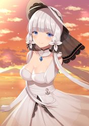 Rule 34 | 1girl, ahoge, anchor symbol, armlet, azur lane, bad id, bad twitter id, bare shoulders, beach, blue eyes, blue gemstone, blush, breasts, choker, cleavage, closed mouth, cloud, collarbone, dress, elbow gloves, floating hair, gem, gloves, hair ornament, hair ribbon, hand up, hat, highres, illustrious (azur lane), izumo neru, jewelry, lace-trimmed hat, lace trim, large breasts, long hair, looking at viewer, low twintails, mole, mole under eye, ocean, orange sky, outdoors, pendant, ribbon, sidelocks, sky, smile, solo, strapless, strapless dress, sun hat, sunset, tress ribbon, twintails, upper body, white dress, white gloves, white hair, white hat