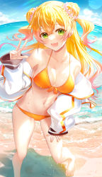 Rule 34 | 1girl, absurdres, beach, bikini, blonde hair, blue sky, blush, breasts, cleavage, cloud, collarbone, colored tips, commentary request, day, double bun, fang, floating hair, foot out of frame, front-tie bikini top, front-tie top, green eyes, hair bun, hand on own thigh, hand up, highres, hololive, huge filesize, jacket, long hair, looking at viewer, medium breasts, momosuzu nene, multicolored hair, nail polish, navel, ocean, off shoulder, open mouth, orange bikini, pink hair, sand, sky, smile, solo, sunlight, swimsuit, syandega, teeth, toenail polish, toenails, two-tone hair, two side up, upper teeth only, virtual youtuber, w, water, wet, wet clothes, wet swimsuit, white jacket, yellow bikini