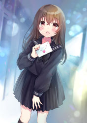 Rule 34 | 1girl, :o, black bow, black sailor collar, black serafuku, black shirt, black skirt, black socks, blurry, blurry background, blush, bow, brown eyes, brown hair, collarbone, commentary request, depth of field, dutch angle, envelope, fang, hair between eyes, hand up, heart, highres, holding, holding envelope, indoors, kneehighs, letter, long hair, long sleeves, looking at viewer, love letter, minami saki, moe2019, open mouth, original, pleated skirt, puffy long sleeves, puffy sleeves, sailor collar, school uniform, serafuku, shirt, skirt, socks, solo