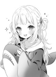 Rule 34 | 1girl, gawr gura, greyscale, hair ornament, hololive, hololive english, jacket, long hair, long sleeves, looking at viewer, monochrome, open mouth, simple background, sleeves past wrists, smile, solo, stuffed animal, stuffed shark, stuffed toy, virtual youtuber, white background, yazawa oke