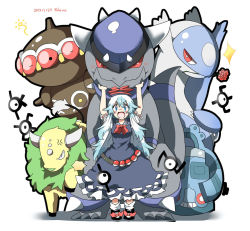 Rule 34 | 1girl, alternate color, artist name, bad id, bad twitter id, belt, blue dress, blue eyes, blue hair, bow, bronzong, character name, claydol, creature, creatures (company), crossover, dated, dress, female focus, flower, game freak, gen 1 pokemon, gen 2 pokemon, gen 3 pokemon, gen 4 pokemon, hat, kamishirasawa keine, latios, legendary pokemon, long hair, mary janes, nintendo, no nose, open mouth, poke ball, pokemon, pokemon (creature), rampardos, rebecca (keinelove), red eyes, rose, shiny pokemon, shoes, short sleeves, signature, smile, standing, tauros, touhou, unown, unown e, unown i, unown k, unown n