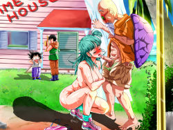 Rule 34 | 1girl, 3boys, age difference, aqua hair, aqua legwear, arms behind head, arms up, bald, barefoot, beard, black hair, blush, boots, breasts, bulma, caterwaul, censored, clothed male nude female, clothes pull, unworn clothes, collared shirt, day, door, dragon ball, dragon ball (classic), closed eyes, facial hair, feet, fellatio, full-face blush, full body, grass, green hair, hat, house, kame house, large breasts, legs, licking, long hair, looking at another, looking back, looking down, medium breasts, mosaic censoring, multiple boys, mustache, muten roushi, nipples, nude, ocean, old, old man, older man and younger girl, one side up, open mouth, oral, orange shirt, outdoors, palm tree, penis, pink footwear, porch, pussy juice, pussy juice drip, pussy juice puddle, shadow, shirt, shoes, short sleeves, shorts, shorts pull, side ponytail, sky, sneakers, socks, son goku, spiked hair, squatting, standing, straw hat, sunglasses, sweat, thighs, toes, tree, turtle shell, unbuttoned, unzipped, water, wet, white curtains, window, yamcha