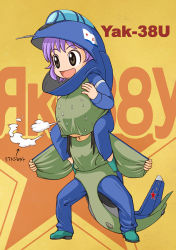 Rule 34 | 2girls, aircraft, airplane, black eyes, breath, carrying, character name, hammer and sickle, janome gochou, jet, mecha musume, military, multiple girls, no nose, open mouth, original, personification, piggyback, purple hair, russian text, shoulder carry, star (symbol), sweat, sweatdrop, yak-38