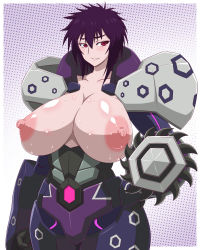 Rule 34 | 10s, 1girl, absurdres, armor, bare shoulders, breastless clothes, breasts, breasts out, collarbone, curvy, female focus, groin, hand on own hip, highres, huge breasts, liebert, majin bone, nipples, no bra, open clothes, puffy nipples, purple hair, red eyes, shiny skin, short hair, skirt, solo, standing, sweat, uncensored, weapon, wide hips, yukimaru (gojo)