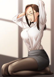 Rule 34 | 1girl, arms up, black pantyhose, black skirt, breasts, brown hair, buttons, closed eyes, closed mouth, collared shirt, commentary request, dress shirt, earrings, forehead, full body, hair tie, highres, jewelry, large breasts, long hair, long sleeves, mini person, minigirl, miru tights, mouth hold, office lady, okuzumi yuiko, pantyhose, pencil skirt, seiza, shirt, sitting, skirt, solo, thighs, tying hair, wing collar, zaregoto tsukai no deshi