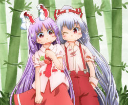 Rule 34 | 2girls, ;|, animal ears, arm around back, bamboo, bamboo forest, belt, blush, collared shirt, cowboy shot, food-themed ornament, forest, fujiwara no mokou, hand in pocket, hand on another&#039;s arm, hand on own chest, light purple hair, long hair, looking at another, matty (zuwzi), multiple girls, nature, necktie, one eye closed, open mouth, pants, ponytail, rabbit ears, red eyes, red necktie, red pants, red skirt, reisen udongein inaba, shirt, short sleeves, sideways glance, silver hair, skirt, suspenders, sweat, tie clip, torn clothes, torn sleeves, touhou, untucked shirt, very long hair, wavy mouth, white shirt