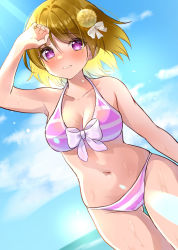 Rule 34 | 1girl, artist name, artist request, bare legs, bare shoulders, bikini, blue sky, blush, bow, breasts, brown hair, cleavage, cloud, collarbone, day, female focus, floating hair, front-tie bikini top, front-tie top, hair between eyes, hair bow, hair ornament, highres, koizumi hanayo, looking at viewer, love live!, love live! school idol festival, love live! school idol project, medium breasts, ocean, outdoors, parted lips, pink bikini, pom pom (clothes), pom pom hair ornament, purple eyes, short hair, sky, smile, solo, striped bikini, striped clothes, sunlight, swimsuit, white bow