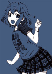 Rule 34 | 10s, 1girl, :d, alternate costume, blue theme, bracelet, casual, clothes writing, contemporary, fang, hair ornament, hairclip, heart, ikazuchi (kancolle), jewelry, kantai collection, kouji (campus life), looking at viewer, monochrome, open mouth, plaid, plaid skirt, raglan sleeves, short hair, simple background, skirt, smile, solo