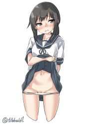 Rule 34 | 10s, 1girl, arm behind back, bad id, bad twitter id, black eyes, black hair, black skirt, blush, clothes lift, collarbone, cowboy shot, cropped legs, ebifurya, eyebrows, female pubic hair, fubuki (kancolle), groin, highres, inactive account, kantai collection, lifted by self, looking to the side, low ponytail, navel, open mouth, panties, panty pull, pleated skirt, pubic hair, school uniform, serafuku, short sleeves, sidelocks, simple background, skirt, skirt lift, solo, stomach, sweat, underwear, white background, white panties