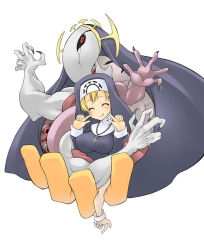Rule 34 | 1girl, :q, black sclera, blonde hair, breasts, colored sclera, cross, cross necklace, crown, double (skullgirls), dual persona, extra arms, extra eyes, closed eyes, habit, hat, jewelry, large breasts, necklace, nikubanare, nun, skullgirls, smile, solo, tentacles, tongue, tongue out
