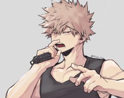 Rule 34 | 1boy, alternate costume, bakugou katsuki, bare shoulders, black tank top, blonde hair, boku no hero academia, collarbone, commentary, grey background, hair between eyes, hands up, highres, holding, holding microphone, looking at viewer, male focus, microphone, modo (modo s2), open mouth, red eyes, shiny skin, short hair, simple background, spiked hair, tank top, teeth, twitter username, upper body
