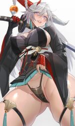 Rule 34 | 1girl, absurdres, armor, ass, asymmetrical horns, azur lane, azztroke, black choker, black gloves, black panties, breasts, cameltoe, choker, clothes lift, commentary, commission, covered erect nipples, earrings, english commentary, fangs, from below, gloves, green skirt, hair between eyes, hair on horn, hakuryuu (azur lane), highleg, highleg panties, highres, holding, holding sword, holding weapon, horns, japanese armor, jewelry, large breasts, lifted by self, lips, long hair, long sleeves, looking at viewer, looking down, miniskirt, mismatched horns, mole, mole on breast, multiple horns, over shoulder, panties, pleated skirt, red horns, sakuramon, sash, shiny skin, simple background, single glove, skindentation, skirt, skirt lift, solo, suneate, sword, sword over shoulder, teeth, thigh strap, underwear, weapon, weapon over shoulder, white background, white eyes, white horns, white sash, wide sleeves