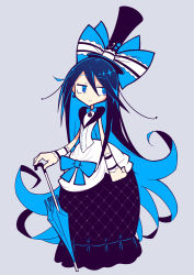 Rule 34 | + +, 1girl, antennae, black skirt, blue bow, blue eyes, blue hair, blue umbrella, bow, bowtie, buttons, clock, closed mouth, closed umbrella, earrings, full body, hair between eyes, hat, hat bow, holding, holding umbrella, jewelry, lasy, long hair, long skirt, original, shirt, silver background, simple background, skirt, sleeveless, sleeveless shirt, smile, solo, symbol-shaped pupils, top hat, umbrella, very long hair, white shirt, wristband