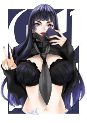 Rule 34 | 1girl, black bra, black hair, bra, breasts, cellphone, final fantasy, final fantasy xiv, gaia (ff14), highres, large breasts, long hair, mask, mask pull, mouth mask, nail polish, navel, necktie, ooshima ryou, parted lips, phone, purple eyes, purple hair, sleeves past wrists, smartphone, solo, underwear, v