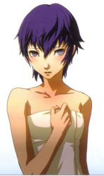 Rule 34 | 1girl, atlus, bare shoulders, blue eyes, blue hair, blush, collarbone, female focus, gradient background, matching hair/eyes, naked towel, official art, persona, persona 4, shirogane naoto, short hair, solo, towel