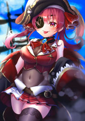 Rule 34 | 1girl, :p, absurdres, ascot, bare shoulders, belt, bicorne, black coat, black hat, black thighhighs, blue sky, blush, breasts, brooch, brown belt, cleavage, coat, coat partially removed, covered navel, cowboy shot, cropped jacket, eyepatch, frilled shirt collar, frills, gold trim, groin, hair ribbon, hat, highres, hololive, houshou marine, jacket, jewelry, lace, lace-trimmed legwear, lace trim, large breasts, leather belt, leotard, leotard under clothes, long hair, miniskirt, off shoulder, pirate, pirate hat, pleated skirt, poyu (soyokaze1160), red ascot, red eyes, red hair, red jacket, red ribbon, red skirt, ribbon, see-through, see-through cleavage, see-through leotard, skindentation, skirt, sky, sleeveless, sleeveless jacket, sleeves past fingers, sleeves past wrists, smile, solo, thighhighs, tongue, tongue out, twintails, virtual youtuber, zettai ryouiki