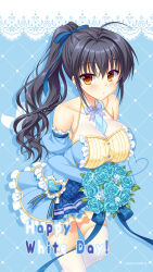 Rule 34 | 1girl, ahoge, alternate costume, alternate hairstyle, arisue tsukasa, bare shoulders, black thighhighs, blue background, blue dress, blue flower, blue necktie, blue ribbon, blue rose, blush, bouquet, breasts, brown eyes, character name, cleavage, closed mouth, collarbone, company name, detached sleeves, dress, eyes visible through hair, feet out of frame, flower, frilled dress, frills, hair between eyes, hair ribbon, happy white day, heart, highres, holding, holding bouquet, huge breasts, jougasaki ayaka, juliet sleeves, kin-iro loveriche, long hair, long sleeves, looking at viewer, necktie, official art, official wallpaper, ponytail, puffy sleeves, ribbon, rose, short dress, short necktie, simple background, sleeveless, sleeveless dress, solo, thighhighs, wavy hair, white day, zettai ryouiki