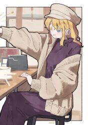 Rule 34 | 1girl, absurdres, blonde hair, blue eyes, cardigan, chair, dated, dress, hat, highres, long hair, maribel hearn, mob cap, nama udon, one eye closed, open cardigan, open clothes, open mouth, purple dress, sitting, solo, touhou, white cardigan, white hat