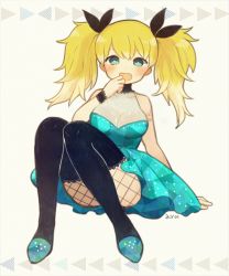 Rule 34 | 1girl, arm support, ayu (mog), bad id, bad pixiv id, black pantyhose, blonde hair, dress, fang, fishnet pantyhose, fishnets, green eyes, looking at viewer, open mouth, original, pantyhose, sequins, simple background, sitting, sleeveless, solo, thighhighs, twintails
