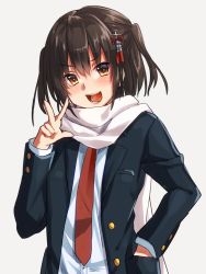 Rule 34 | 1girl, :d, blazer, blush, brown eyes, brown hair, buttons, cosplay, female focus, grey background, hair ornament, hand in pocket, jacket, kantai collection, keita (tundereyuina), long sleeves, looking at viewer, matching hair/eyes, necktie, open mouth, pocket, red necktie, remodel (kantai collection), scarf, school uniform, sendai (kancolle), short hair, simple background, smile, solo, teeth, two side up, upper body, w, wakaba (kancolle), wakaba (kancolle) (cosplay), white scarf